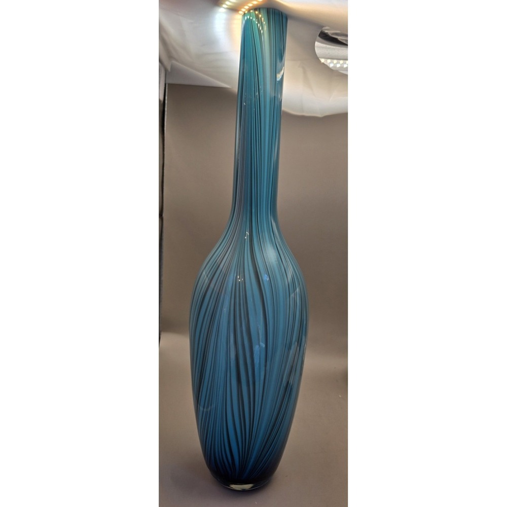 Hand Blown Art Swirls & Stripes Blue Glass Possibly Modern Asian Import. 17.5" T